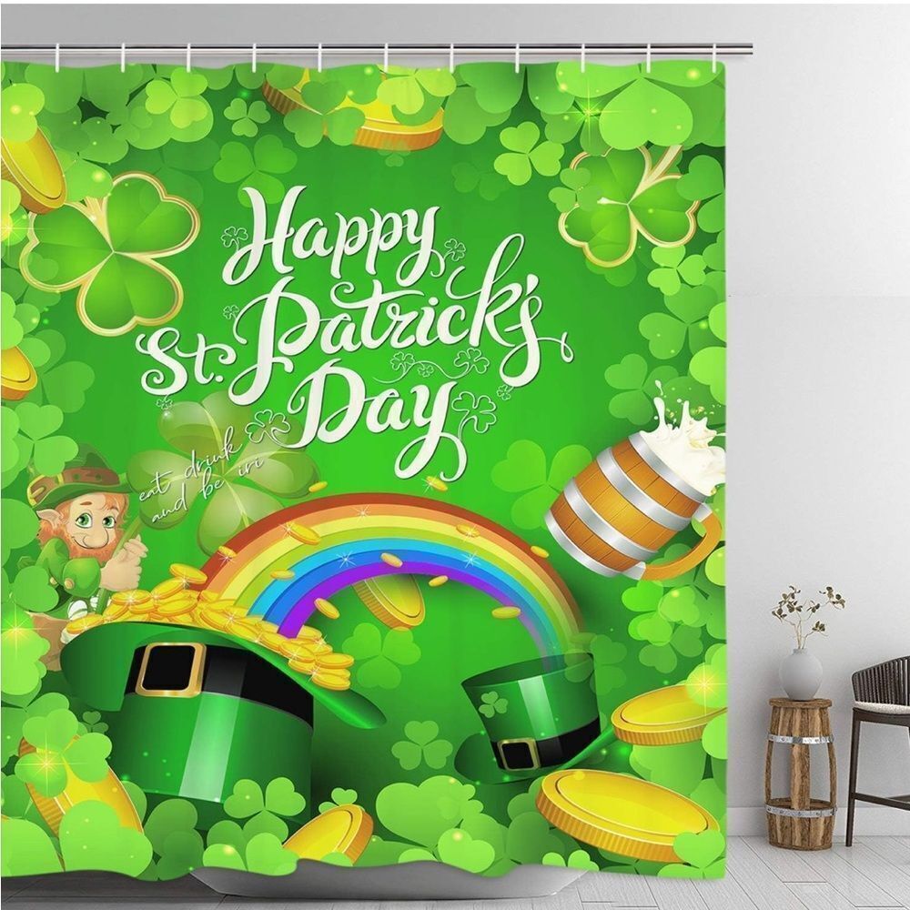 Happy St.Patrick's Day Shower Curtain With 12 Hooks, Clover Shower Curtain